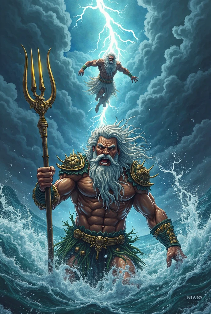 King Triton swimming and with a thoughtful expression