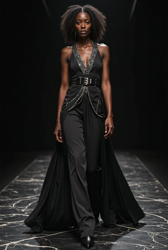 "Create an avant-garde fashion scene featuring a model with African descent, but with the features of Angelina Jolie. The model is dressed in an experimental, artistic outfit that defies conventional fashion norms, showcasing bold, non-traditional materials and striking, asymmetrical designs. The setting is an abstract, minimalist environment with sharp contrasts and dramatic lighting, emphasizing the uniqueness of the attire. The composition highlights the model's elegance, confidence, and sophistication, with a focus on her flawless, captivating presence.

Filmed on ARRI ALEXA 65, Bokeh, sharp focus on the subject, shot by Don McCullin. The atmosphere should exude a sense of artistic expression, with the model embodying the essence of avant-garde fashion—daring, bold, and cutting-edge.

Keywords: beauty, model, elegance, glamour, fashion, stunning, radiant, chic, graceful, confident, striking, flawless, alluring, photogenic, sophisticated, enchanting, captivating, charismatic, runway, editorial, beauty standards, artistic, style, aesthetic, personality, portrait, beauty photography, professional model, fashionista, trendsetter.