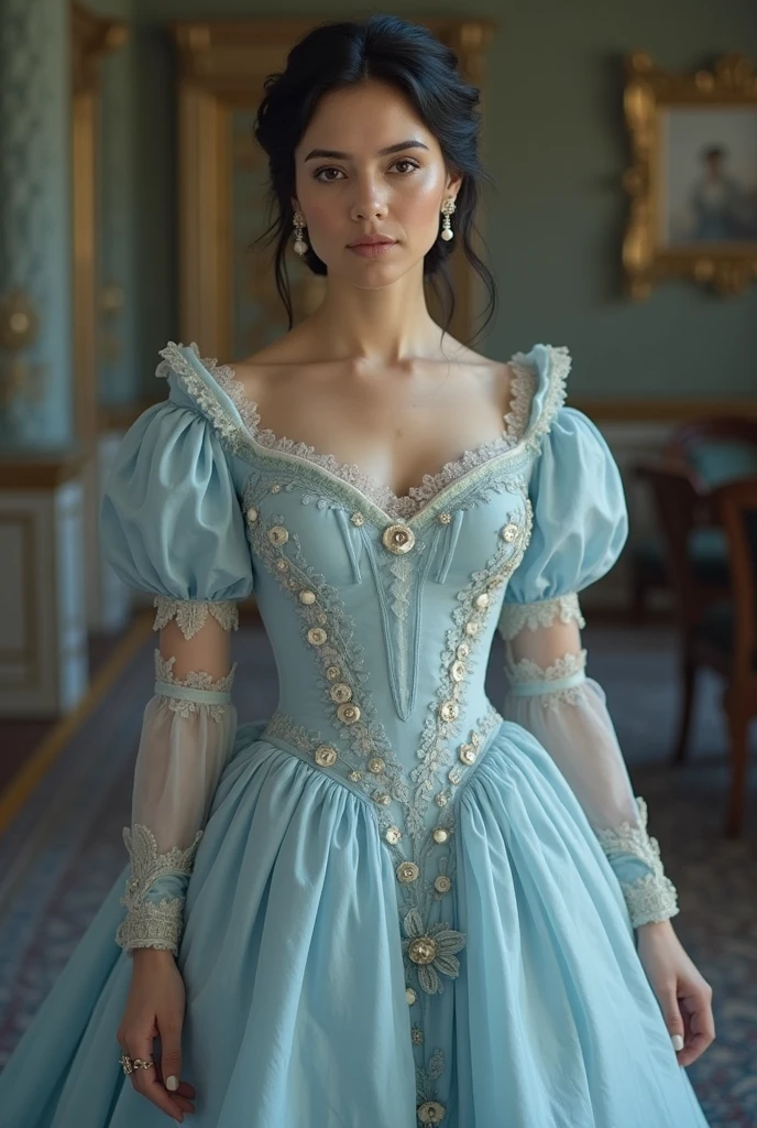 (realistic:1.3), finely detailed, quality, rembrandt lighting, (masterpiece:1.2), (photorealistic:1.2), (best quality), (detailed skin:1.3), (intricate details), dramatic, ray tracing, 1girl, italian girl, 21 years old, detailed skin texture, (blush:0.5), (goosebumps:0.5), subsurface scattering, smiling, medium breasts, updo hair, parted bangs, earrings, necklace, jewelry, blue dress, white trim, ribbons, frills, wearing edgRenaissance, edgRenaissance, (indoors, renaissance italian architecture, lavish aristocrat mansion, resplendent italian decorations), <lora:edgRenaissanceDress1:0.8>