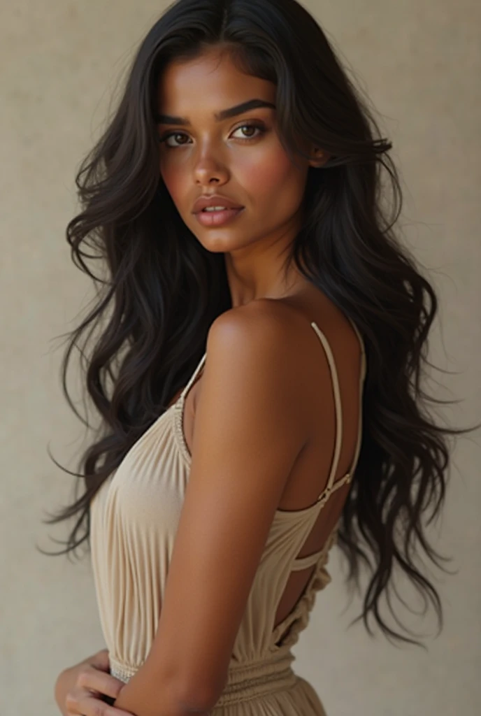 A women whick have black hair white skin and fit body