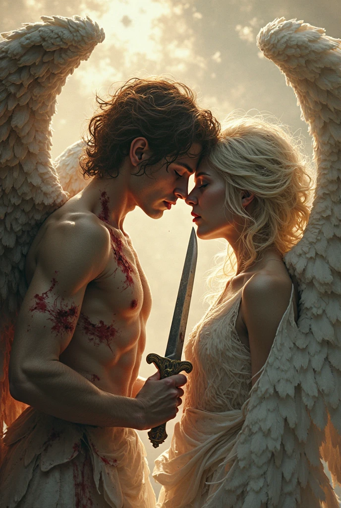 there are two men that are kissing in front of a moon, cinematic film still, shutterstock, film grain, ultra-photorealistic, eros and thanatos, muscular men romantically together, two muscular men embracing in each other arms, muscular male incubus with dark red horns, celestial god-like male angel with breathtaking angel wings, beautiful contrasting, intricate details, good and evil, demon versus angel, good and evil, romance novel cover, homoerotic, gay love, dark romantic fantasy, twilight atmospheric glow