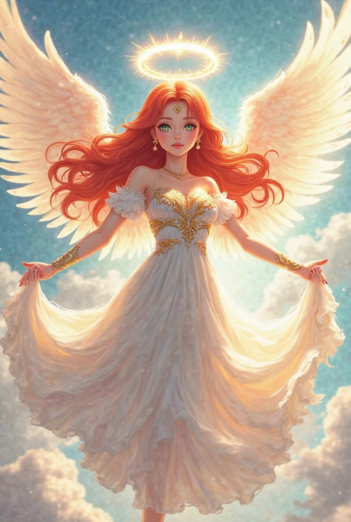 An anime style woman, with long red hair, pink eyes, white gown, with angel wings, half of the body