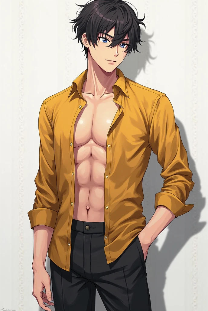 muscular young man、A yellow-green hoodie that was open to the shoulders and topless、jeans、Black short hair、A kind face、Golden Eyes、smile、Anime Style