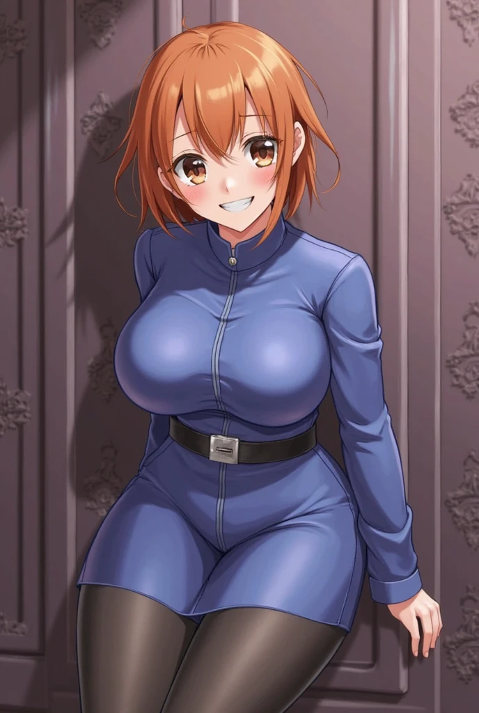 ((top quality, 8k, masterpiece: 1.3, ultra hd, high quality, best quality, high definition, realism)), sharp focus: 1.5, Model Nobara kugisaki, orange eyes, Mole under the outer edge of the eye, Short orange hair, Small breasts, Open shirt buttons showing breast cleavage And Nipple Bulge, Open pencil skirt The shape of the genitals is clearly visible, Sexy and seductive pose On Bed, thighs wide open, ((((confidente smile))))