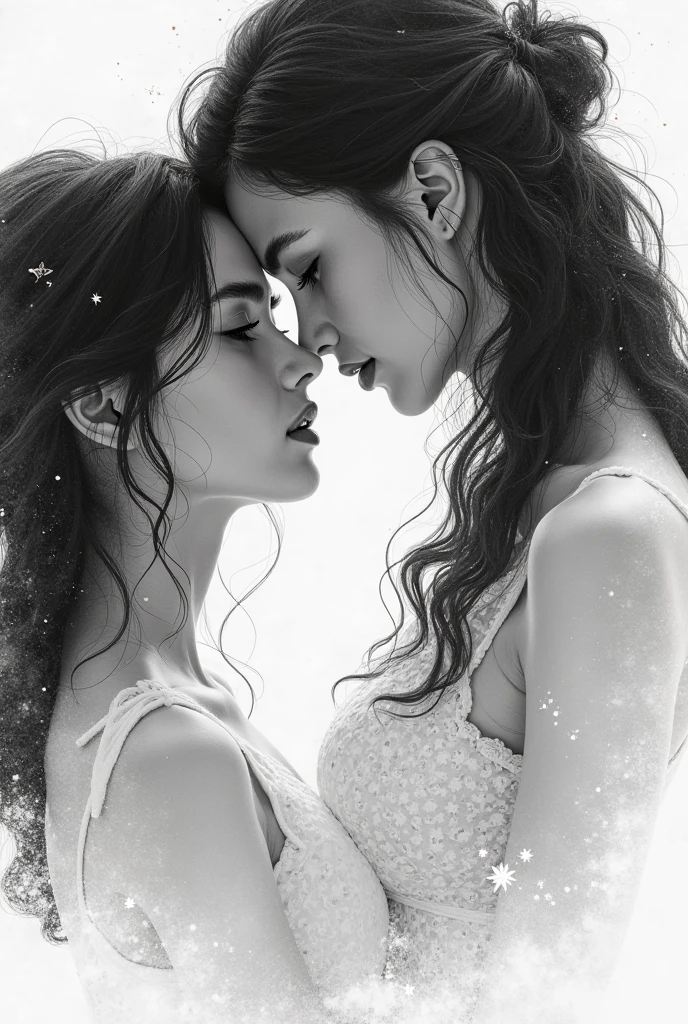 (best quality, highres, ultra-detailed), Jenna Ortega kissing Margot Robbie, passionate wet kiss, tongue kiss, intense eye contact, romantic setting, beautiful detailed lips, expressive eyes, flowing hair, glowing skin, playful smiles, tender embrace, powerful chemistry, cinematic lighting, vibrant colors, artistic portrait style
