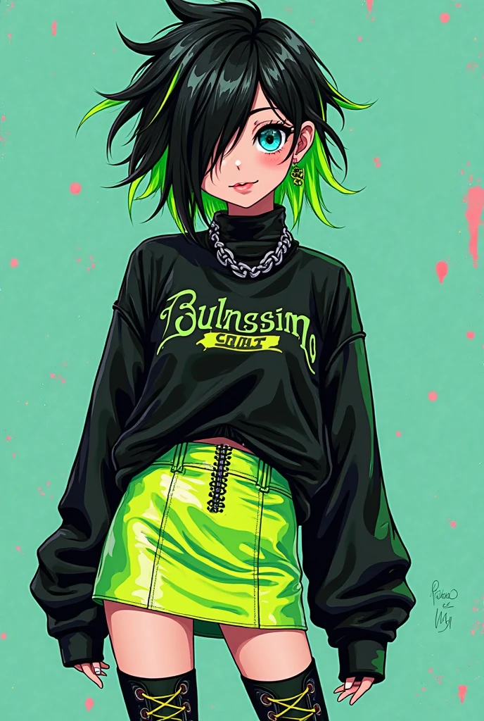 Graffiti, 1girl, solo, jewelry, shirt, hat, pants, ring, black hair, green eyes, torn pants, torn clothes, white shirt, green headwear, earrings, bag, chain, short sleeves, holding, watch, looking at viewer, choker, piercing, baseball cap, leaf, cropped legs, ear piercing, medium hair, hand in pocket, short hair<lora:Graffiti:1>