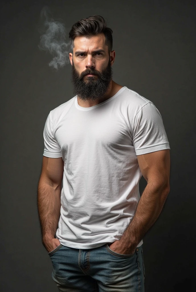 A bearded man masturbating while having a dildo in his ass.