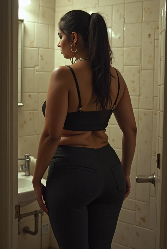 a mature woman, shoulder length black hair, at the mall, looking back, ultra realistic, 18k