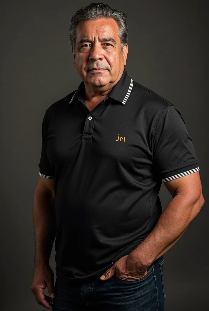 A chubby 65-year-old man does not wear glasses, wearing a white protective helmet and a black polo shirt making the thanks sign with his hand