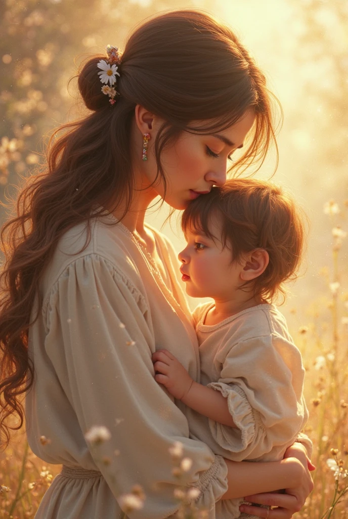 Beautiful girl with beautiful long nails, bohemian dress, beaitiful hair, and scratching her nails to her child (without blood)