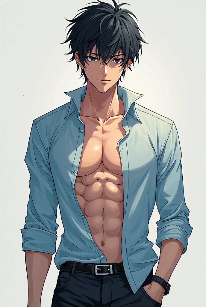 shirtless handsome manly short black hair caucasian male in tattered short jeans and sneakers, shirtless, sweating profusely, drenched with sweat, exhausted, panting, standing at the wall, awkward smile, hands on the shorts, at home