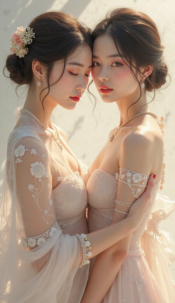 highest quality, Very detailed, masterpiece,hug,Two women hugging each other,(((Perfect female body))),Very beautiful face,Very beautiful body,Gentle expression, Very beautiful eyes,(Perfect Makeup:1.1),Fashion Model,Cyberpunk Fashion,Cinematic Light,Curly Hair,Shaggy Hair, (Drifting in the Wind,Long braided chignon hair in a gradient of white and purple:1.5),very thin body,Smart Abs,(Monogram pattern:1.3), (((Various patterns,Pink and blue gradient,See-through Bolero,Colorful suit:1.3))),anklet,Tech High Top Sneakers,A kind smile,Full body portrait,(Night in Cyber City), (Shiny skin),(Earrings),Long scarf with elegant pattern,Neon long shawl,Digital Feather,LED Signs,Splash Ground,