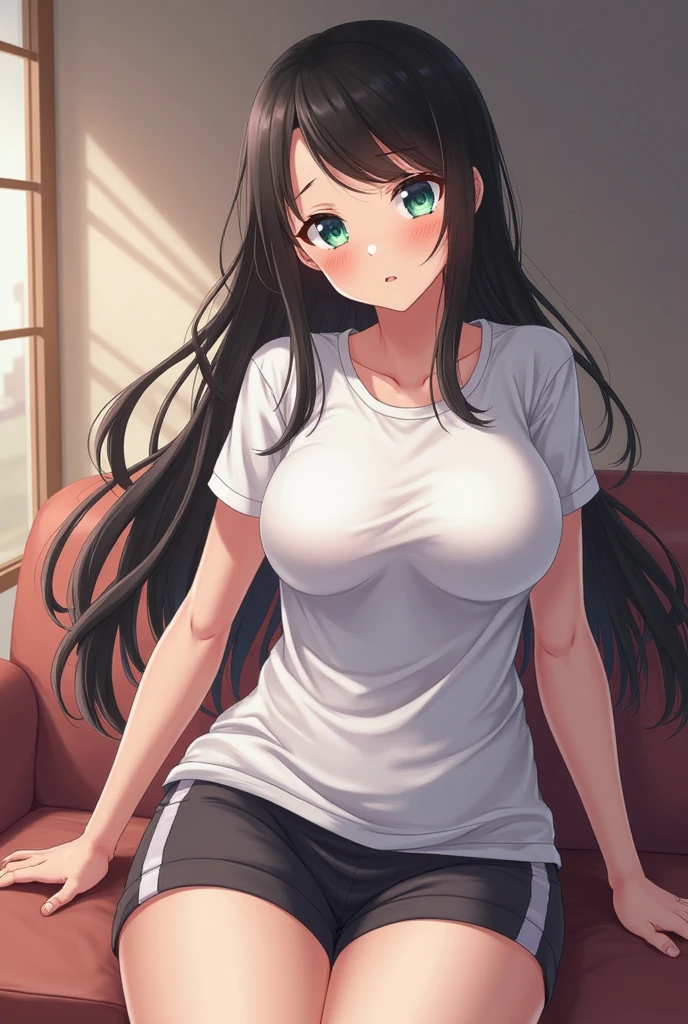 An extremely busty anime woman, with big ass, and long hair, completely smooth, black, silky and shiny that reach the floor, she is biting her lower lip, she is standing next to a bed, and the camera is showing her from head to toe, she is DRESSED, She is thin, She is facing the front, showing her shiny hair with her hands, which are on top of her huge breasts., She is wearing a white t-shirt and short denim shorts, her hair is on her feet, she has a cute face