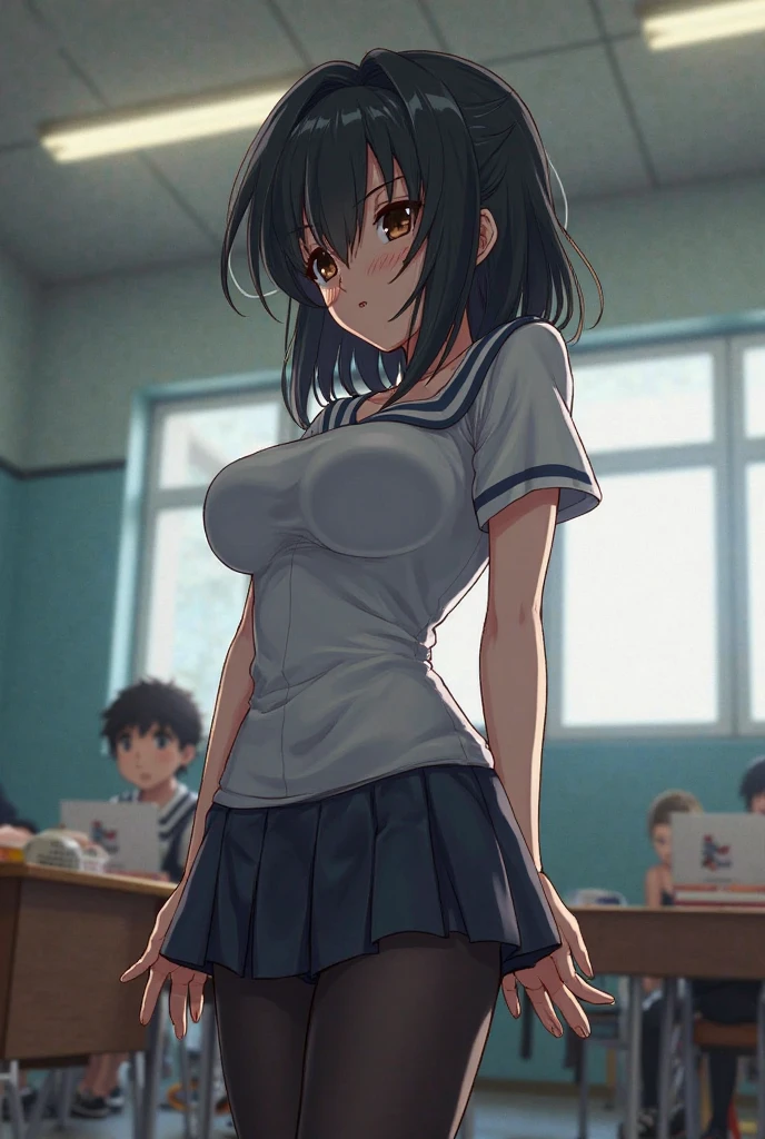 ((masterpiece,Highest quality:1.3,best quality illustration)),cowboy shot,独奏,1woman, beauty、black hair,short bob hair,bangs,black eyes,(gorgeous big eyes),((very small head:1.3)),sad,tears,((skinny:1.2)),((tan skin:1.4)),small breasts,(School student uniform、Short sleeve collared shirt、Blue ribbon tie、Blue mini skirt),gleaming skin,oily skin,slender body,sweat,standing,classroom、School、Tokyo、nsfw,