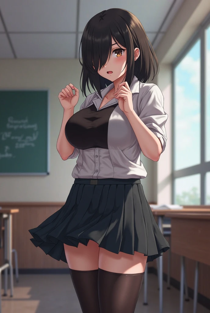 A sexy teacher showing her tops in the air, seducing two of his pretty and horny students in love with the teacher, having short skirt and showing her tits. in a room