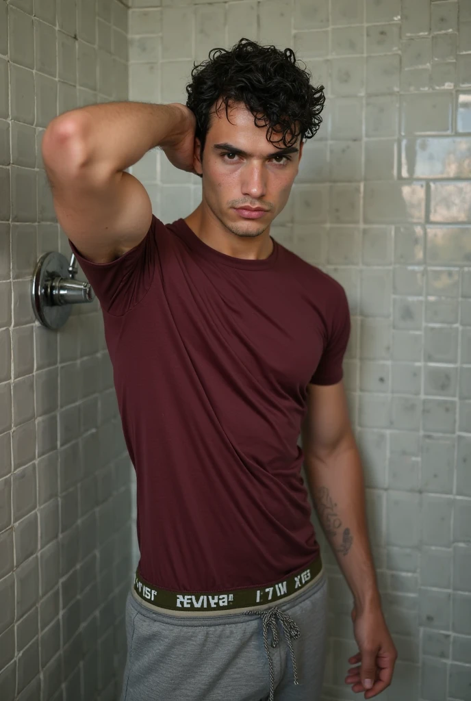 perfect italian man, naked covering with hand, posing, smirk, beautiful view, long distance shot, short hairstyles light hairin on character's face