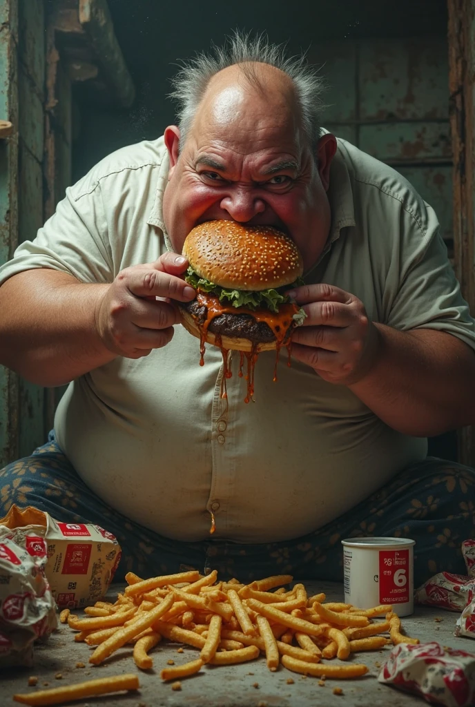 homem extremamente gordo mordendo um hamburguer