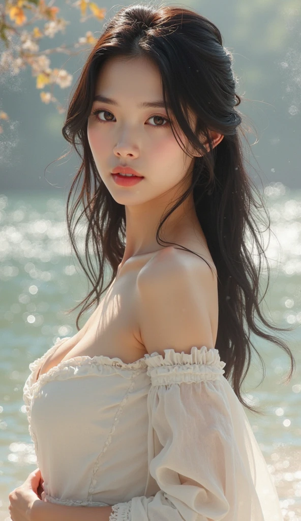 ((Japanese beautiful girl)), Delicate skin, Detailed Description, Beautiful Eyes, Calm scenery, Beautiful beach with a promenade, Fluffy white clouds in a blue sky, The sound of waves crashing on the shore, A summer breeze carrying the scent of the season, Bright sunlight emitting a warm glow, Smiling beautiful girl, Flowing Hair, (Highest quality, 4K, 8K, High resolution, masterpiece: 1.2), Very detailed, (Realistic, Realistic, Realistic: 1.37), Detailed facial features, Beautiful attention to detail, Beautiful lip detail, Very detailed目と顔, Beautiful breasts, (double eyelid, Long eyelashes), Calm, quiet, peaceful, Idyllic, Warm colors, Golden Hour Lighting, Cinematic, dream-like, Nostalgia, landscape, 自然光Very detailed美しい手