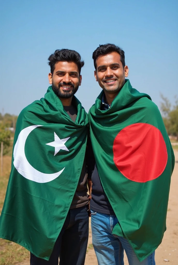 Two friend's(men) one of them Bangladeshi and one of them Pakistani with Bangladeshi and Pakistani flag