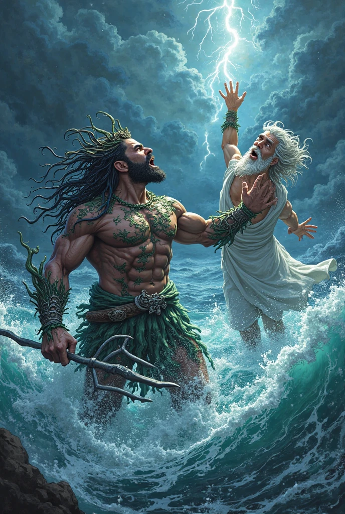 Poseidon with his trident fighting fiercely with the titan of the ocean who has the physiognomy of a merman 

