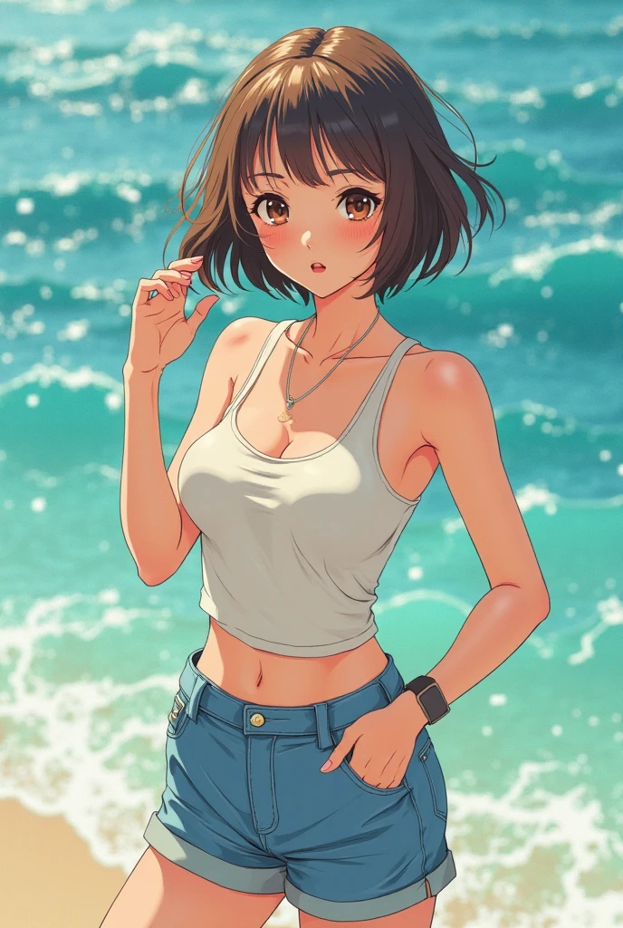 absurdos, high resolution, ultra-afiado, 8k, obra de arte, olhos expressivos, extremamente detalhado, 1 garota, Nobara Kugisaki, cabelo castanho, olhos castanhos, seios grandes, praia, mar, standing, bikini regatta, arched back, mostrando a bunda, hands on her waist,
