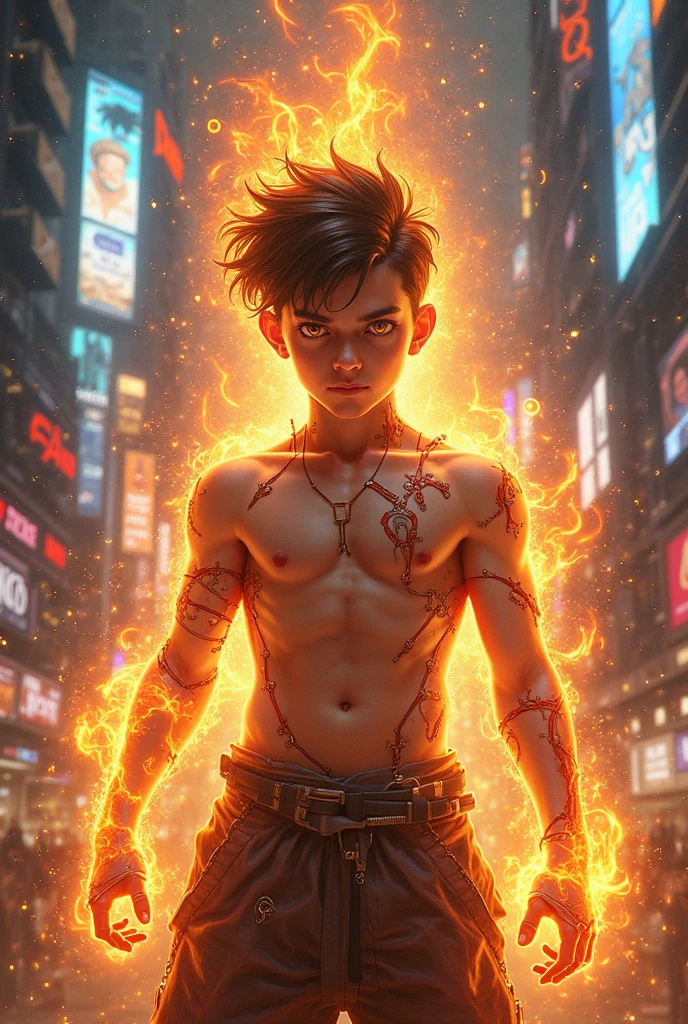 A boy with cosmic and red fire powers glow eyes and cargo pant standing shirt less in modern city