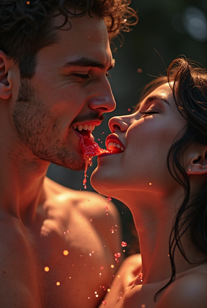Man and a woman close to each other mouth with a cherry on their mouth 