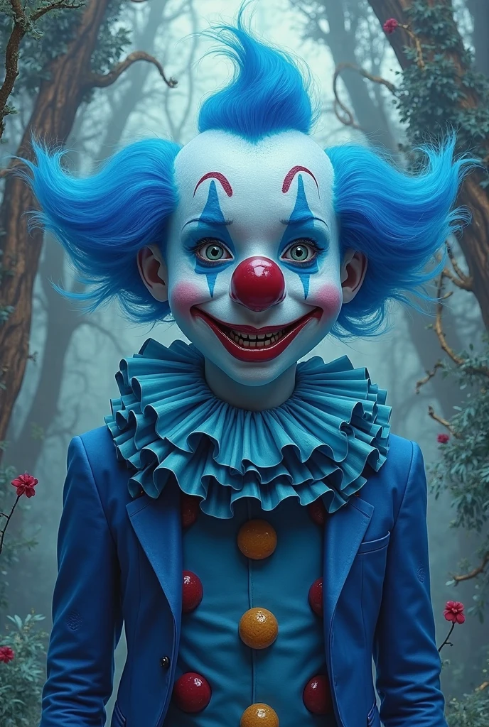 I need a female doll, dressed and made up like a clown, she would have medium brown hair And a boy dressed as a magician he would also have brown hair And the two would be kissing