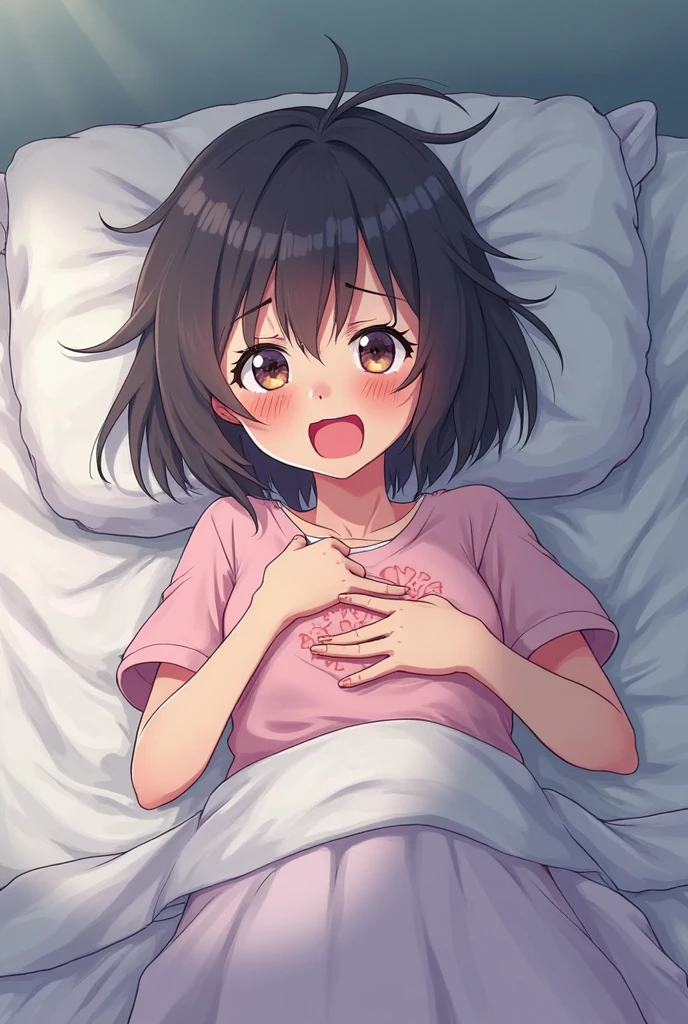 A cute anime woman farting under the blanket and smelling her own stinky fart.