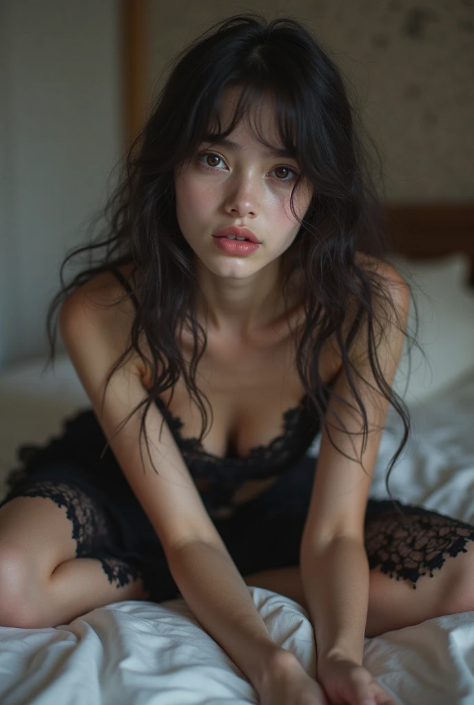 masterpiece,(best quality,top quality,8k),realistic,photorealistic,detailed eyes and face,young,(1girl), brown eyes, black hair, messy hair, short hair, hair between eyes, goth, gothic, choker, (thick lips:1.2),soft smile, (black underwear), pretty girl, beauty skin, ultra high res, raw photo , detailed body ,(puffy eyes) ,good contrast , high sharpness,(gorgeous),realistic,RAW Photography,(hyperdetailed:1.2),bed