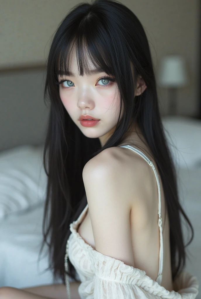((Top quality, masterpiece, 8K, best image quality, ultra-high resolution)),((Girl who looks like TWICE's Tzuyu)),(Korean beauty),(One girl),(Long narrow eyes, slanted eyes),(Black hair: 1.2, Long hair),(Small face: 1.2, Fair skin),(Slender, Big breasts: 1.3),(Sexy, Glossy, Mature),(The most beautiful face in the world),(Camisole: 1.1),(Simple background)