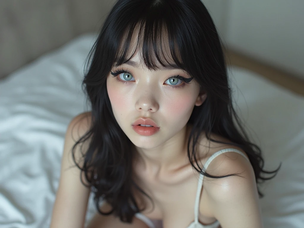 (master part, best qualityer), beautiful girl, snow white, lying, (detailed beautiful eyes) Medium body shot, short black hair, Red loop, breasts big, neckleace, White-panties, ultra detailed blue eyes,