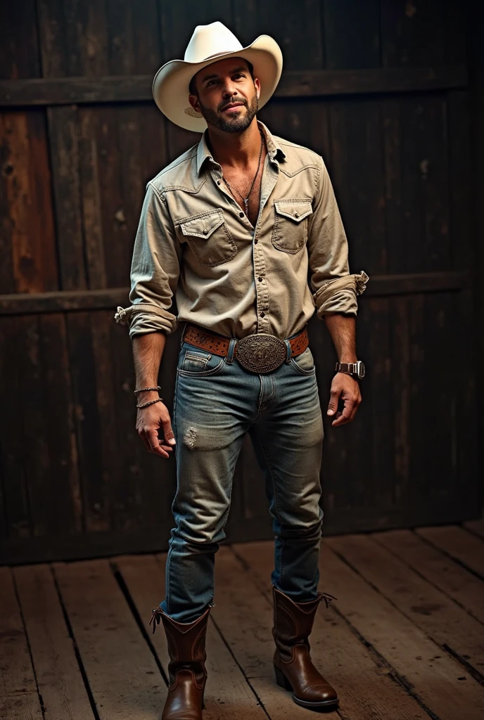 Cinematic portrait, ((Upper body)), Facing the audience, (reality :1.3), most beautiful artwork photo in the world, two Asian man looks at the camera,42 year old, daddy body, shirtless tan sweat skin, hairy chest,Vintage denim outfits, Western cowboy, Detailed beautiful face, action shot, (Intricate :1.4), Western background, photograph realistic, In the daytime, CG, art stand