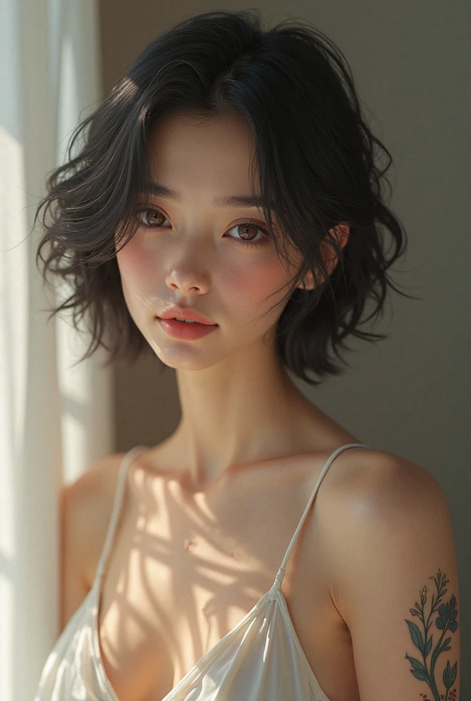 Best quality, masterpiece, ultra high res, (photorealistic:1.5), raw photo, 1girl, offshoulder, in the dark, deep shadow, low key, cold light, sexy look, short hair