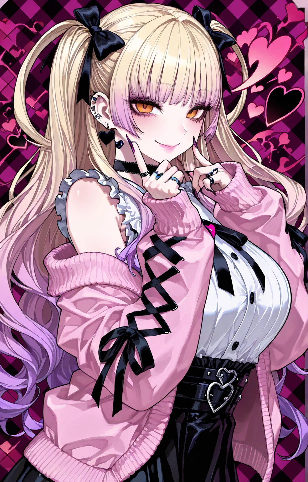 brown haired girl, with blonde and pink highlights with gyaru makeup and gyaru clothes