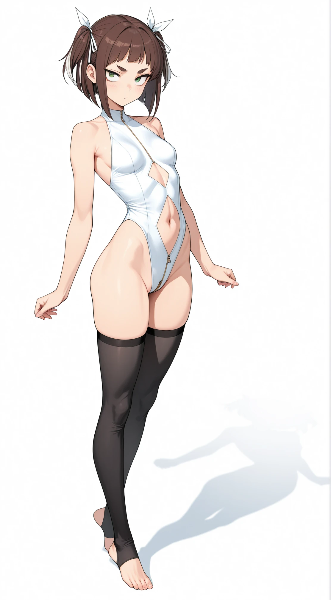 masterpiece, best quality, highly detailed, 8k, pure grey background, japanese comic, sketch, 20-year-old girl, athletic body, abs, muscular, beautiful face, shining eyes, long legs, short hair, big breasts, wearing white stockings, wearing white long boots with high heels, slender waist, tight butts, opening mouth, korean idol, dancing, elegant