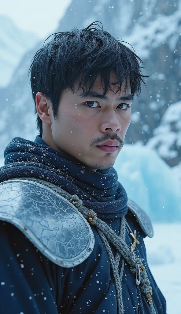 Realistic​ photography​ of a​​​​ korean boy​, 22 ages​​​ , wearing​ a​ ice armor, thin​ necklace​, ((huge pecs))​​, at​ ice ages​ old​s,run cool