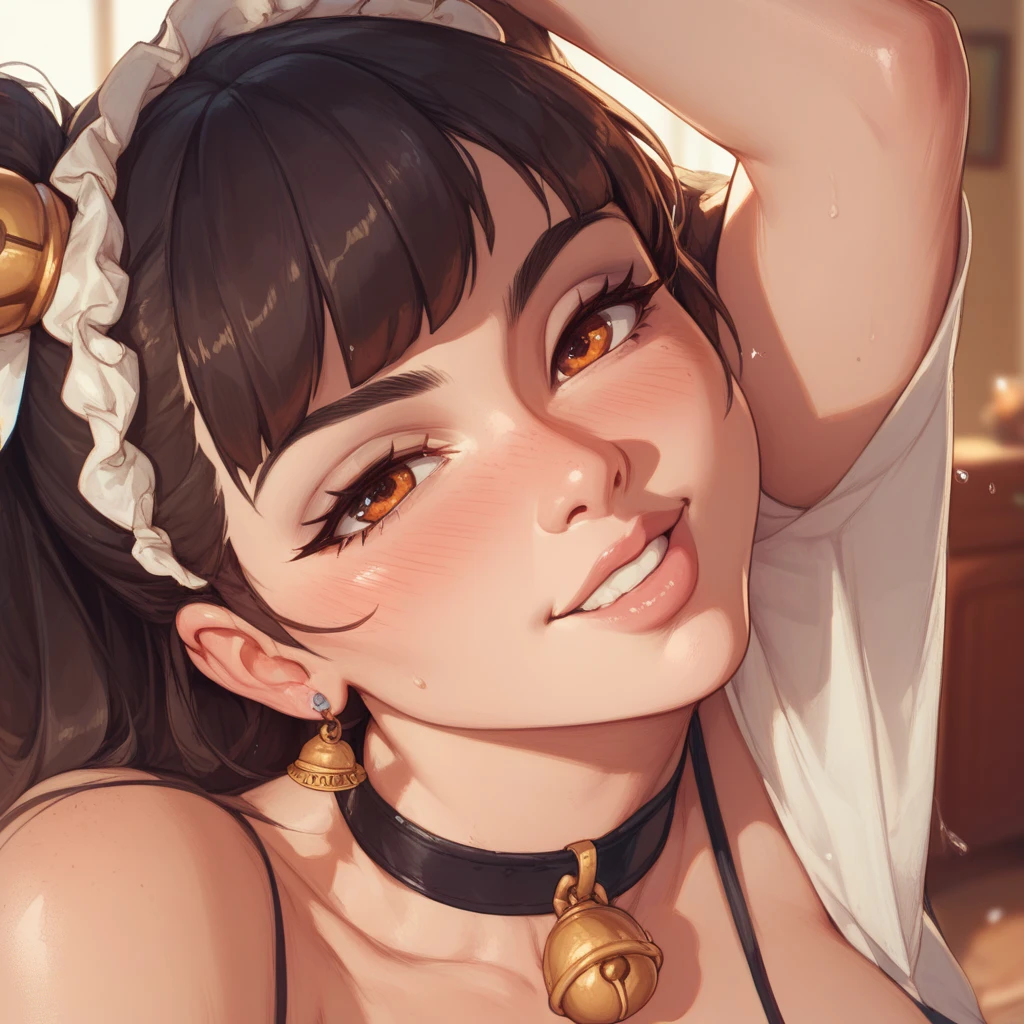 Eyes closed、Close up on face、(Focus on the chest and face)、Flushed Cheeks、Attractive lips、Glowing Skin、Fair skin、Cleavage、High Ponytail、Wavy Hair、Brown Hair、Oblique Bandageum Long Hair