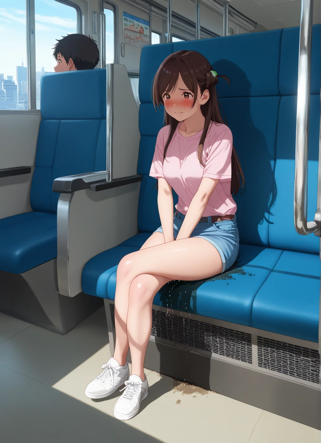 small breasted naked woman sitting on train, embarrassed, big thighs, naked