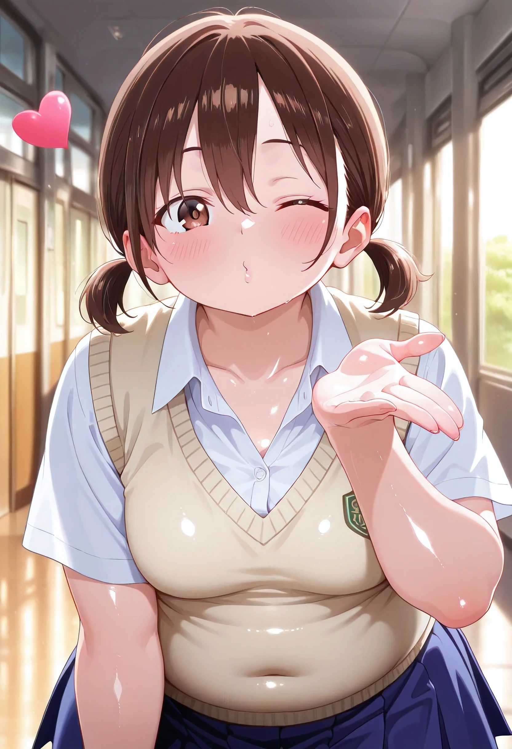 1girl, solo, Boku no Kokoro no Yabai Yatsu, honoka hara, short hair, brown hair, hair between eyes, brown eyes, low twintails, short twintails, plump, chubby body, thick arms, thick thighs, fat rolls, fat, small breasts, (small belly), skirt, shirt, school uniform, white shirt, short sleeves, pleated skirt, collared shirt, blue skirt, sweater vest, blowing kiss, pucked lips, heart, one eye closed, o3o, looking at viewer, hand up, very wide shot, Smooth Quality+, cinematic lighting , cinematic angle, soft light , color detail, backlighting, Depth of field, long exposure, light steps, intricate colors, vibrant colors, CINEMA Quality, hyper-detailed anime style, hyper-detailed lighting, best quality, colorful, vibrant, very aesthetic, (8K),(absurdres),(crisp quality),(rich contrast),(sharp focus),(best quality),(high resolution),(Looking delighted),(masterpiece),(detailed face),(illustration),(ultra detailed),(rich contrast),(a best quality illustration),(a masterpiece portrait of a woman with ultra detailed features, in 8K resolution, with crisp quality and vibrant colors),(detailed eyes),(perfect eyes),(ultra detailed eyes),((nice hands)),((perfect hands)),((gleaming skin)),((shiny skin)),((best quality)),((high resolution)),((ultra-high resolution)),((masterpiece)),((ultra detailed)),((illustration)),((an extremely delicate and beautiful)),((detailed face)),((perfect eyes)),((perfect detail)),(High Resolution), (More Details), (8K), (High Resolution)