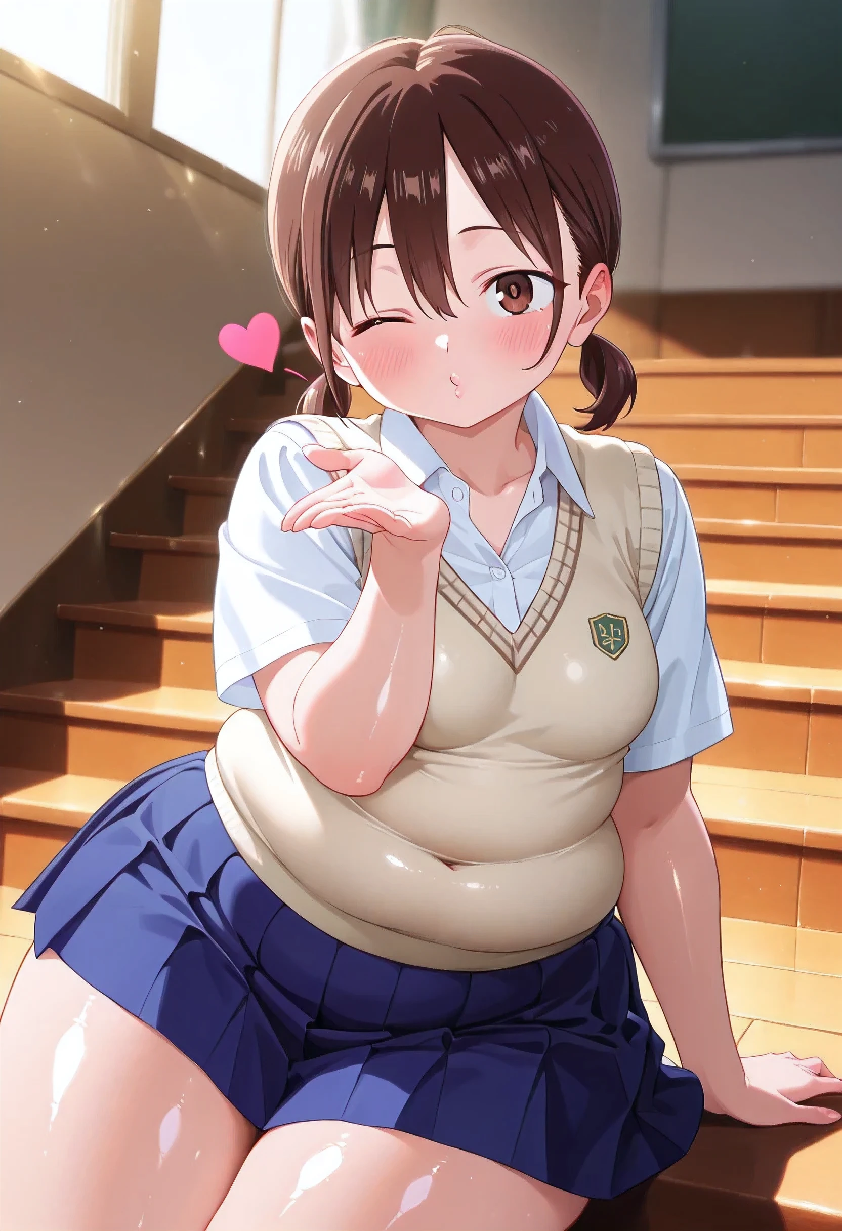 1girl, solo, Boku no Kokoro no Yabai Yatsu, honoka hara, short hair, brown hair, hair between eyes, brown eyes, low twintails, short twintails, plump, chubby body, thick arms, thick thighs, fat rolls, fat, small breasts, (small belly), skirt, shirt, school uniform, white shirt, short sleeves, pleated skirt, collared shirt, blue skirt, sweater vest, blowing kiss, pucked lips, heart, one eye closed, o3o, looking at viewer, hand up, very wide shot, Smooth Quality+, cinematic lighting , cinematic angle, soft light , color detail, backlighting, Depth of field, long exposure, light steps, intricate colors, vibrant colors, CINEMA Quality, hyper-detailed anime style, hyper-detailed lighting, best quality, colorful, vibrant, very aesthetic, (8K),(absurdres),(crisp quality),(rich contrast),(sharp focus),(best quality),(high resolution),(Looking delighted),(masterpiece),(detailed face),(illustration),(ultra detailed),(rich contrast),(a best quality illustration),(a masterpiece portrait of a woman with ultra detailed features, in 8K resolution, with crisp quality and vibrant colors),(detailed eyes),(perfect eyes),(ultra detailed eyes),((nice hands)),((perfect hands)),((gleaming skin)),((shiny skin)),((best quality)),((high resolution)),((ultra-high resolution)),((masterpiece)),((ultra detailed)),((illustration)),((an extremely delicate and beautiful)),((detailed face)),((perfect eyes)),((perfect detail)),(High Resolution), (More Details), (8K), (High Resolution)