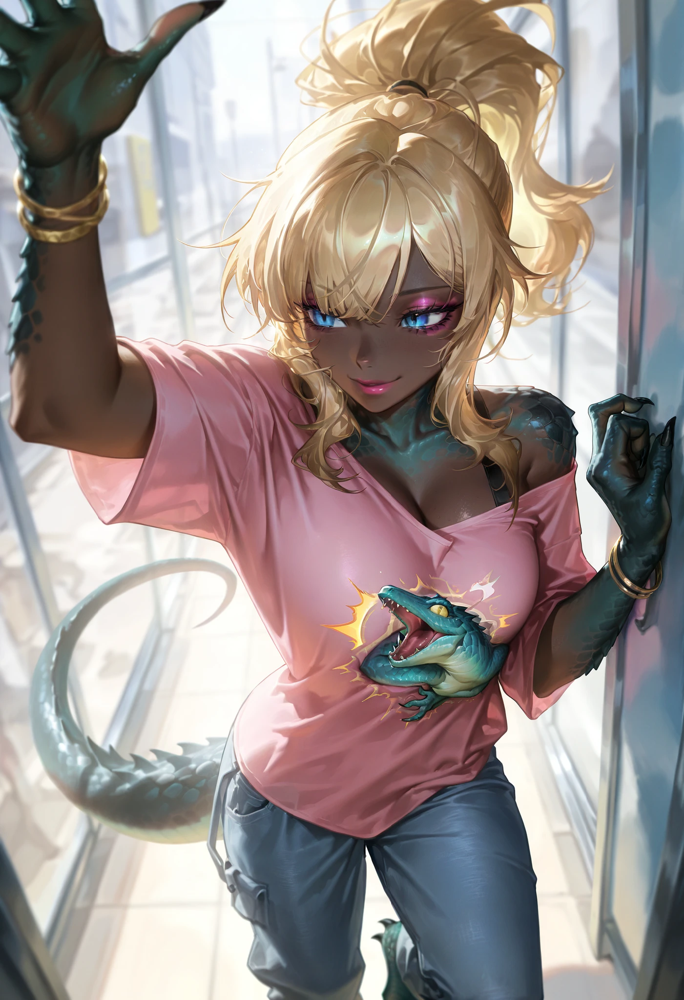 Nijistyle, uma garota furiosa como Tank girl, using a apocalíptico cloth, shorts com cinta liga, joelheiras, luvas camiseta curta mostrando a barriga, tatuagens, cabelos moicanos coloridos, funny with a mocking smile