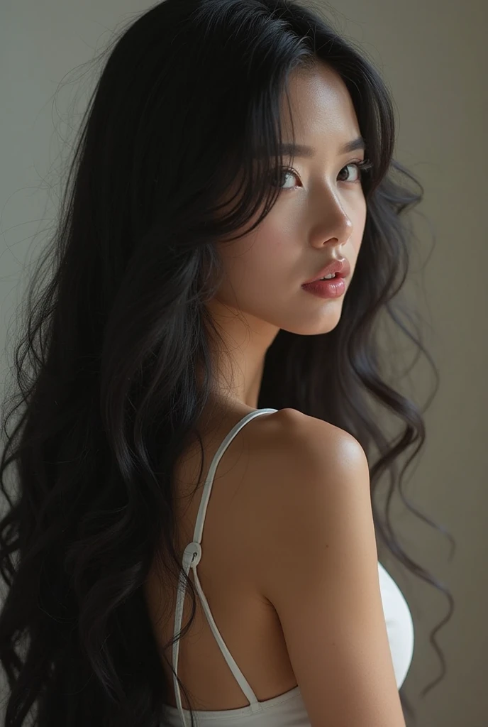 South Korean women beautiful black sof smooth silky shiny bouncy think free bangs voluminous hair and free white armpits on wear bikini and under wear