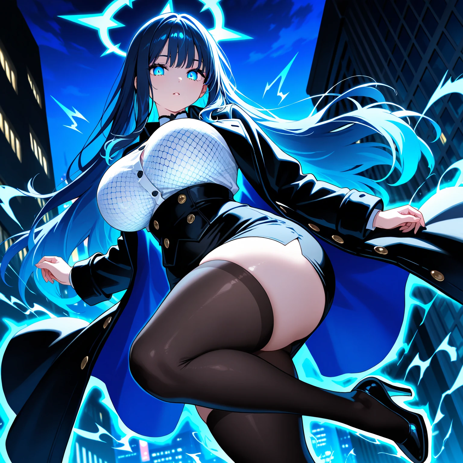 hestia danmachi, uniform cosplay, beautiful, alone, 1 chubby woman, long hair in a ponytail, black fur, blue highlights on the ends of the hair, silver eyes (detailed eyes), determined look, embarrassed expression, Red lips (perfect lips), Wide hips, black leather jumpsuit, quilted skirt, long fur cape, futuristic, cyberpunk, cinematic angle, cinematic lighting, artwork, Best Quality, NSFW, Crotch rubbing