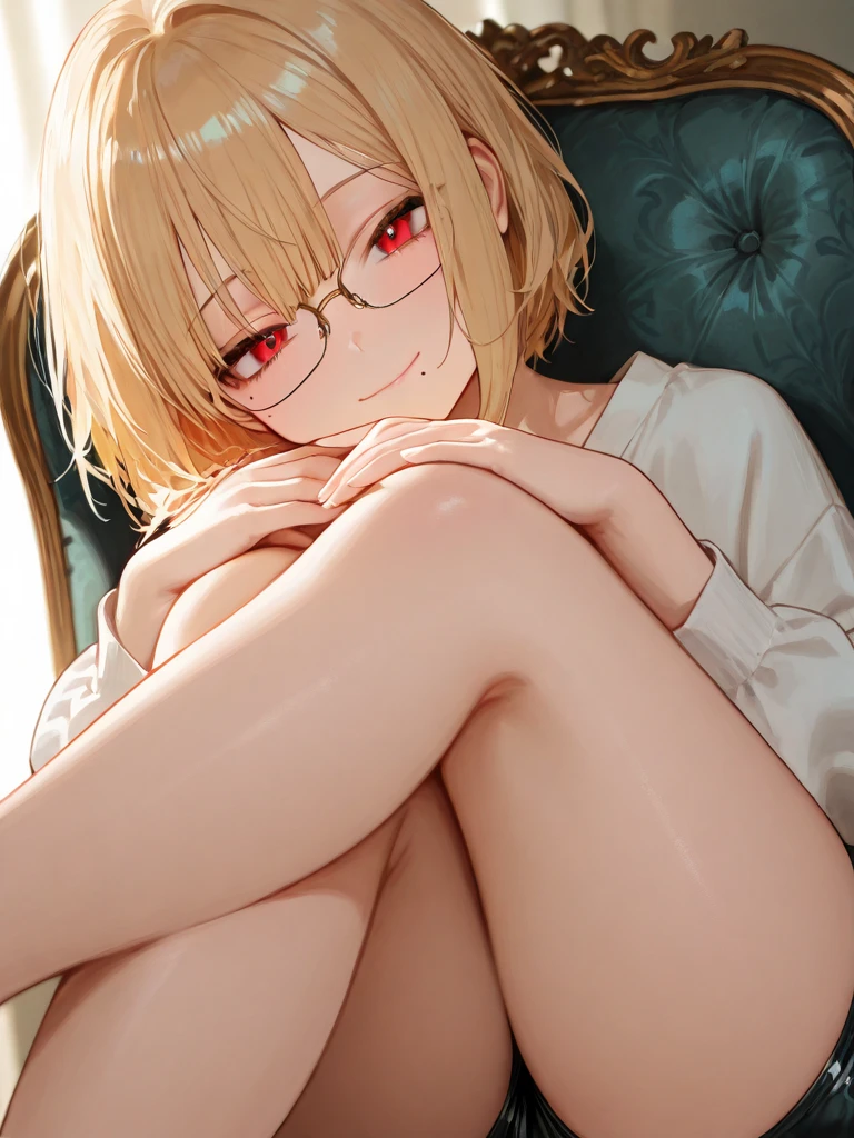 skinny amateur blond pornstar sitting on a bed with wide opened legs, red tights, red hoses, sexy soles, blond short hair, round glasses, , topless,  body, short skirt, without underwear, foot fetish, seductive smile, tight pussy, sexy camel toe, rised legs, best quality, proffesional shot, topless, upskirt, without pantie, perfect feet, ((((photorealistic)))), perfect skin, detailed skin, superb, sexy short shirt is lifted, superb body, perfect pussy,(best quality, 4k, highres, masterpiece:1.2), ultra-detailed, (realistic, photorealistic, photo-realistic:1.37)