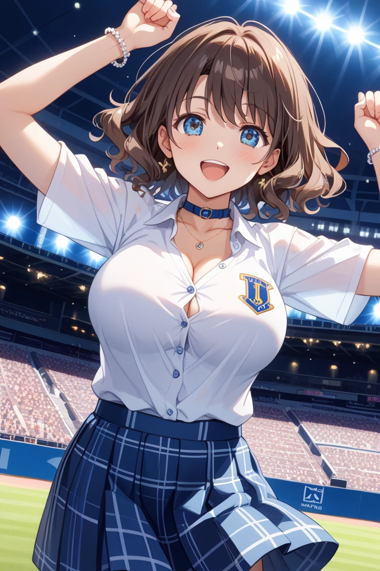Anime illustration、highest quality、Short Idol、Ethnic costumes、Stadium、Princess Zelda、Perfect proportions、overwhelmingly big breasts、Beautiful, shining eyes、Blushed、smile、Cowboy Shot