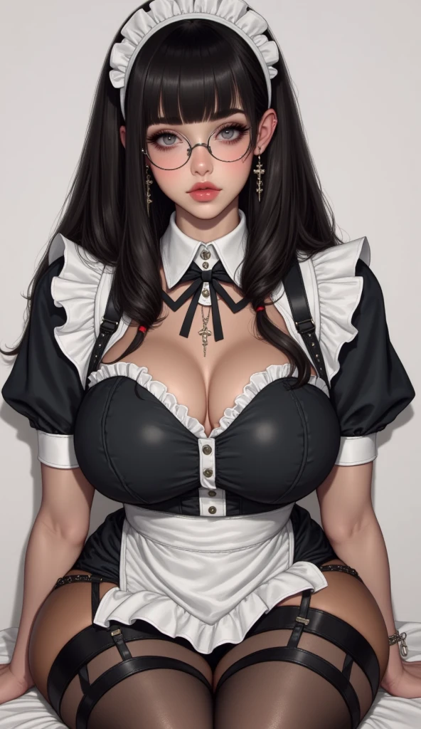 One girl, extremely detailed face, beautiful detailed eyes, beautiful detailed lips, longeyelashes, whole body, extremely fine details, depth of field, shiny, high resolution, original, perfect lighting, cute face, detailed face, proportional hands, fix hands and arms, colorful, centered, wearing japanese maid uniform, white shirt, red tie, happy expression, tongue, angry expression, body on fire, long braided black hair, haircut, hoop earrings, red lipstick, vampire lover, pointed ears, sharp fangs, vampire teeth, bangs covering one eye, breasts, round tinted glasses