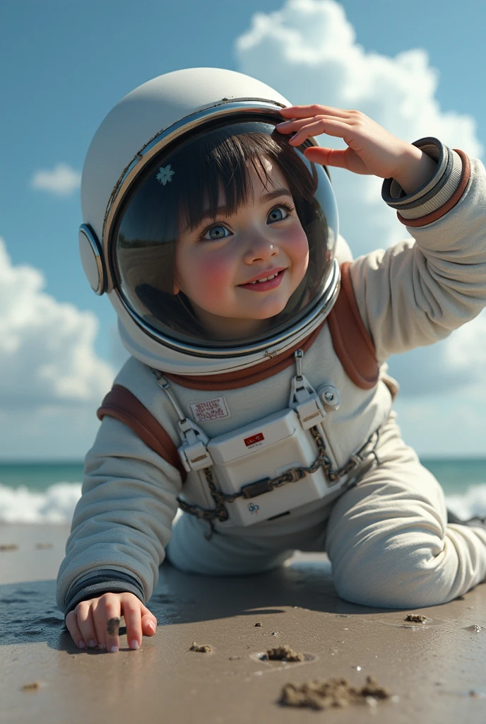 Can you put this picture for me in a bigger picture without changing anything on the child and all its details just put an empty scene of the sky behind it planets and stars --auto