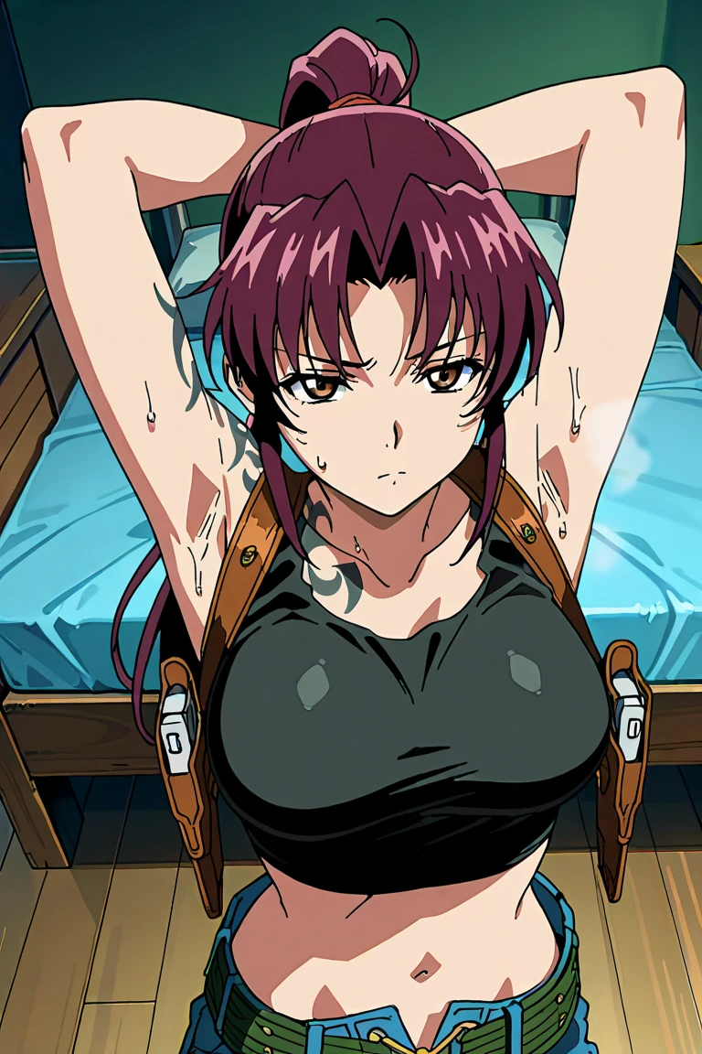score_9, score_8_up, score_7_up, rating_explicit, masterpiece, best quality,high quality,highres,very aesthetic, absurdres, high detailed,optimal lightning,4k,8k wallpaper, source_anime, uncensored,official art, official style, megami magazine,BREAK,1girl,Revy,medium breasts, long hair, brown hair, brown eyes, ponytail,black crop top, short shorts, denim, blue shorts,embarrassed,glaring,under hand,standing handjob,BREAK,1boy,nude,penis,BREAK,from above,
