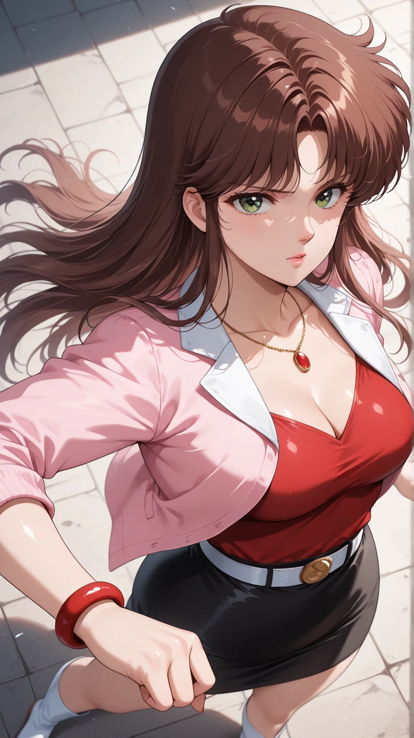 <lora:Gainsborough_AerithV1:0.7> gainsborough_aerith, huge_breasts, Pink_sleeveless_dress_Choker_Collar_Cleavage_Red_cropped_jacket, masterpiece, best quality, detailed face, detailed eyes, highres,